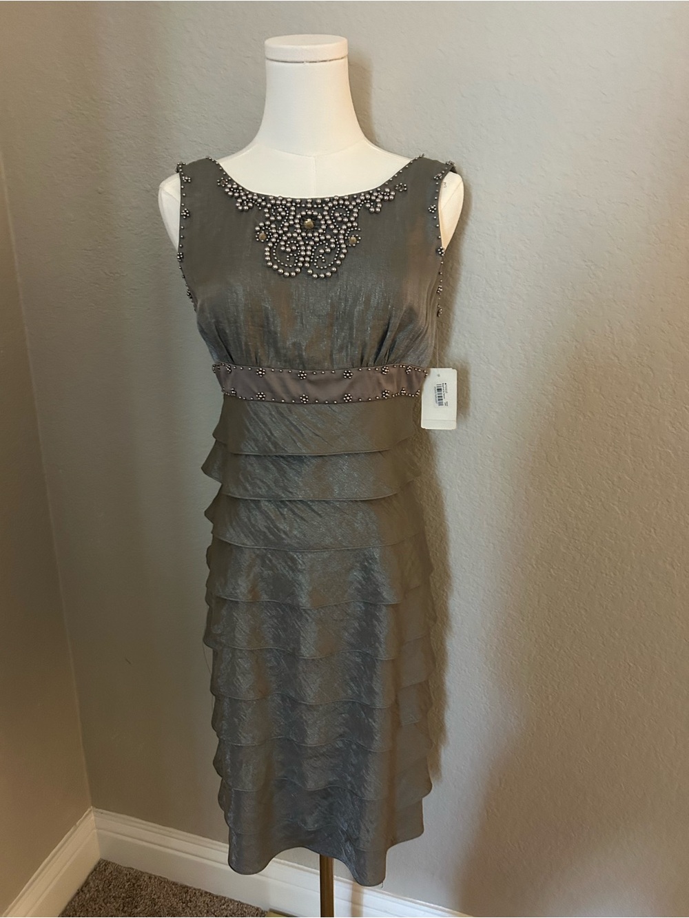 Adrianna Papell Gray Beaded Tiered Midi Dress